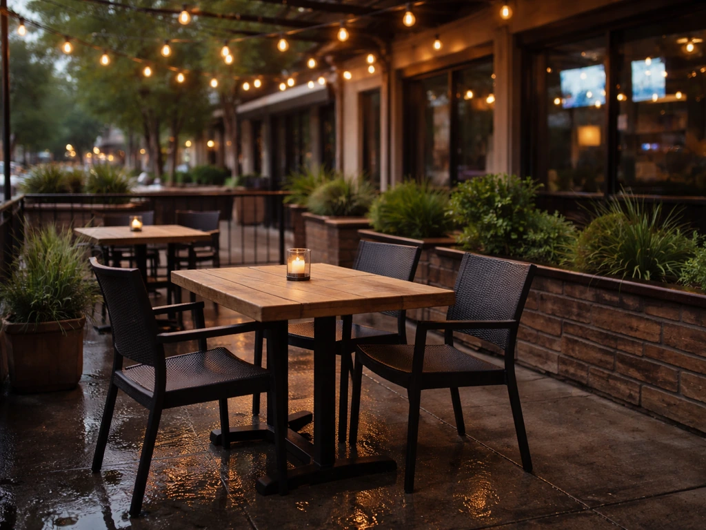 Outdoor patio dining area for a sports bar/restaurant, with tables, chairs, string lights, and potted plants.