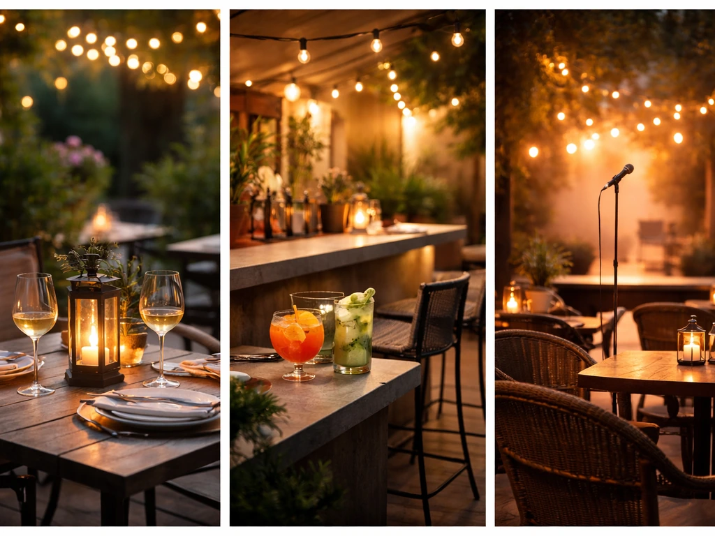 Three-panel patio collage showing dinner, drinks, and live entertainment atmospheres.