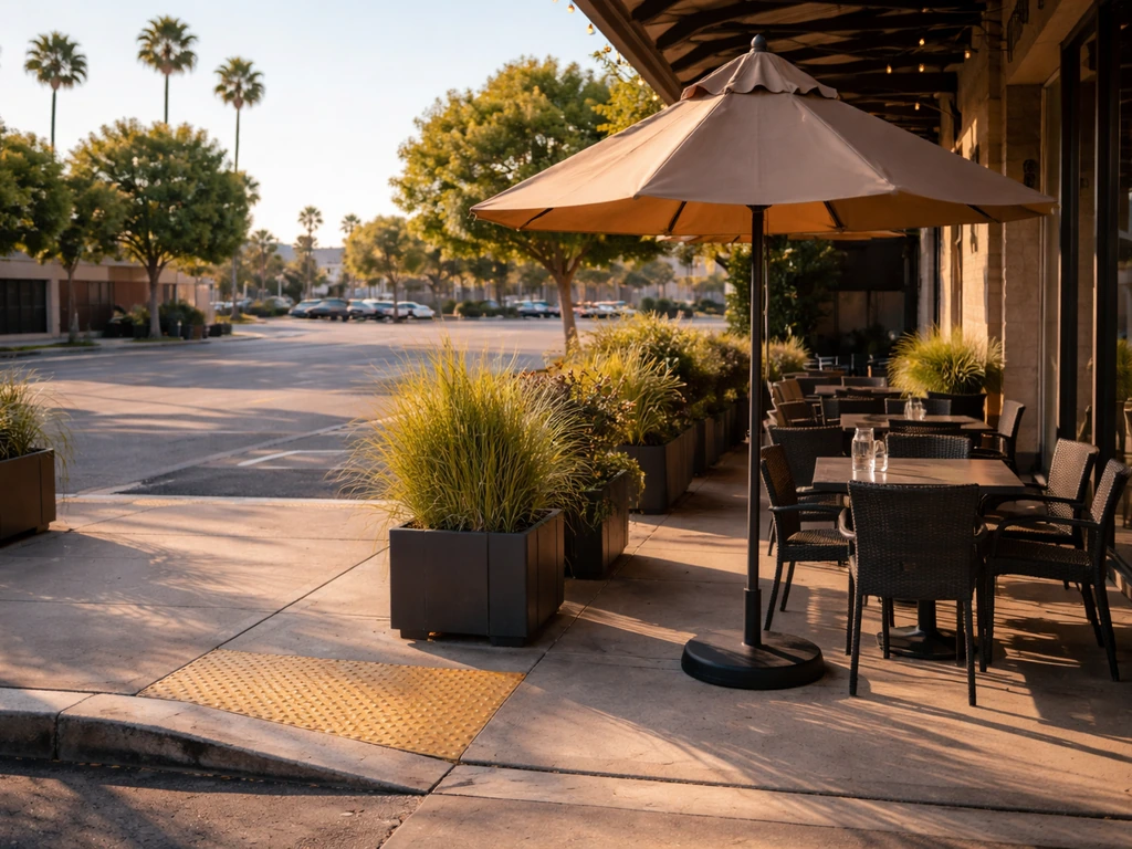 Empty patio entrance with shaded seating and a nearby ride-up cue, with an open parking lot in view.