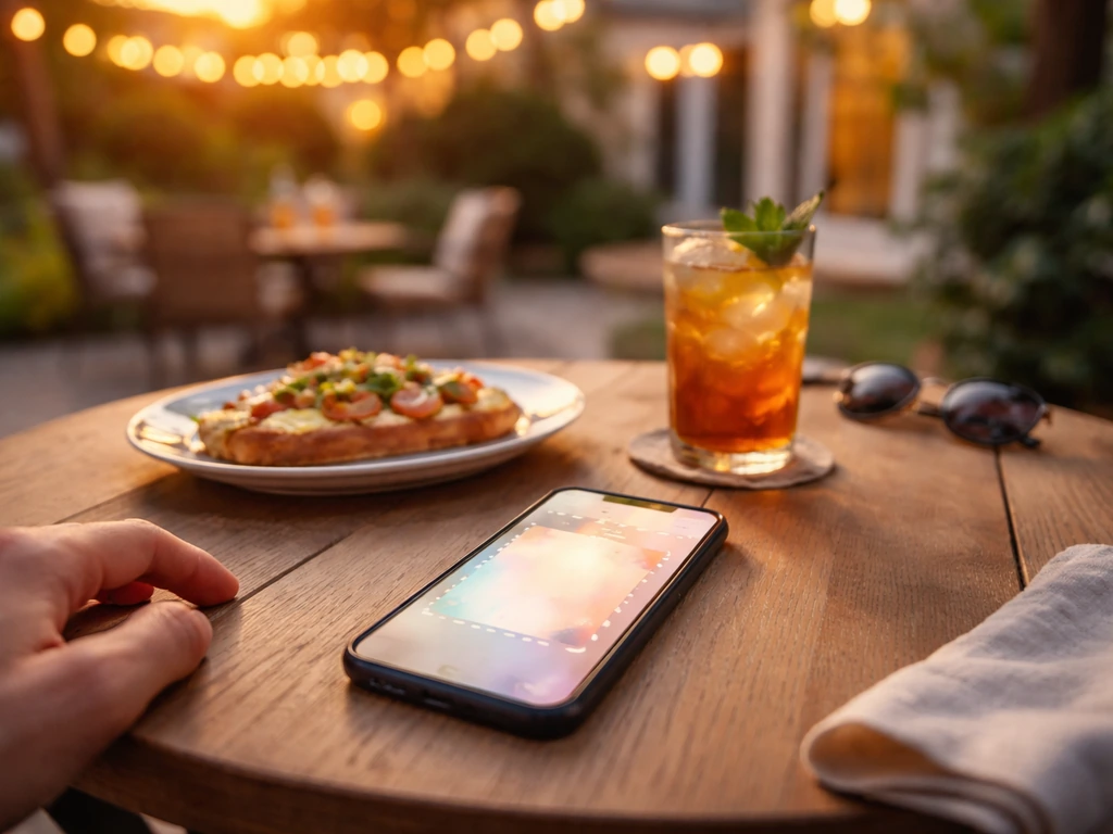 Patio dining table with a phone showing a generic coupon-style banner overlay and a warm outdoor evening vibe.