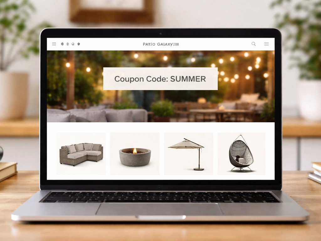 Laptop screen showing a simple promo banner area with “Coupon Code: SUMMER” on a patio retail homepage.
