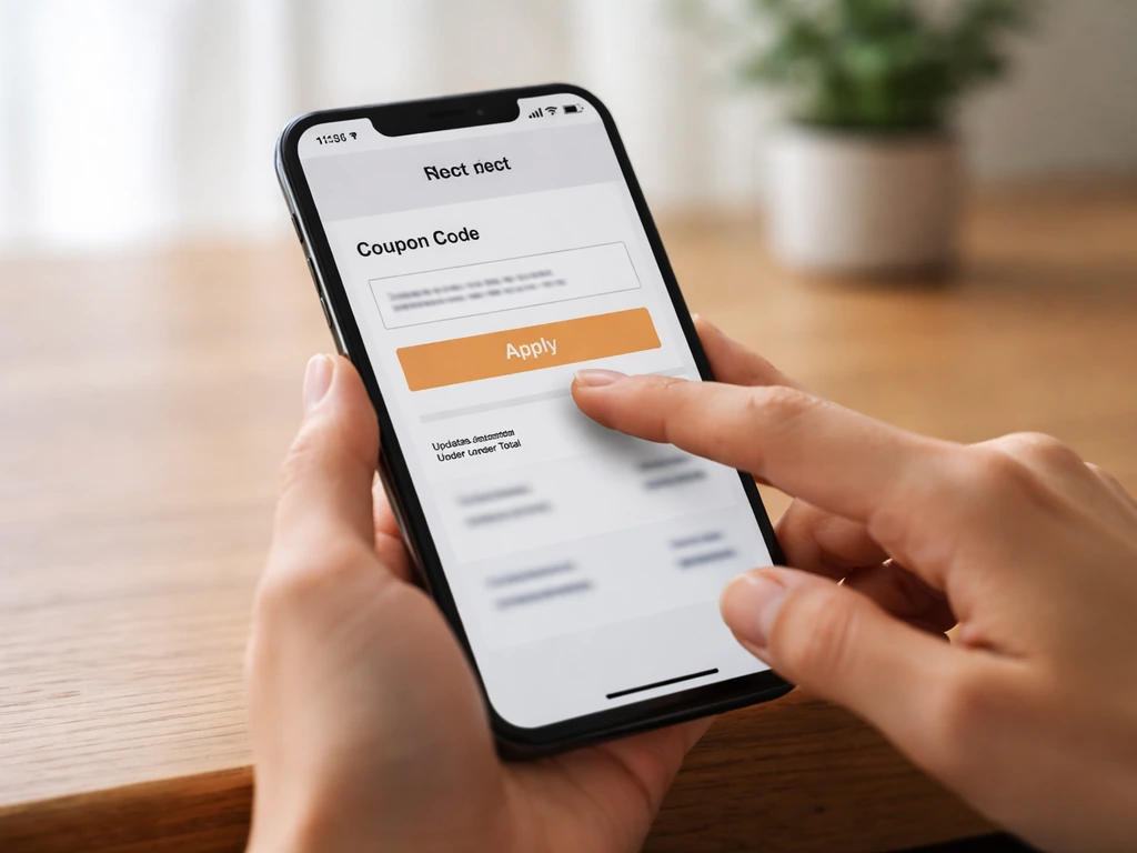 Hand tapping a checkout screen showing a discount code box, Apply button, and updated total