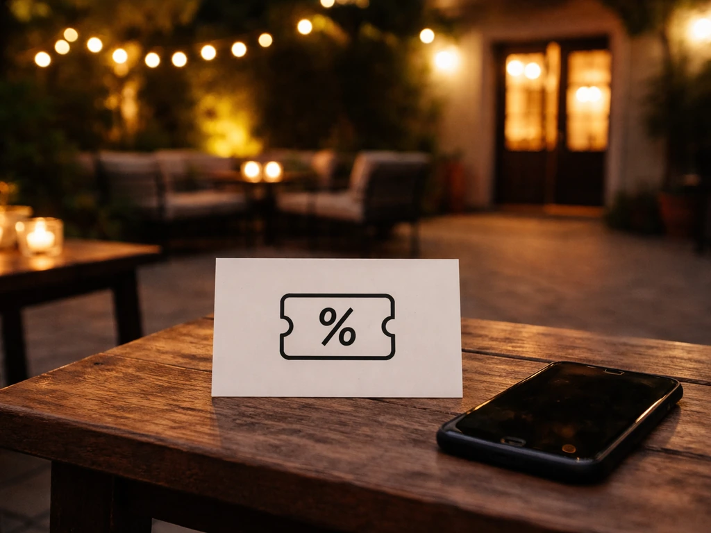 Cozy night patio with a simple booking card and smartphone on a table, no readable text.