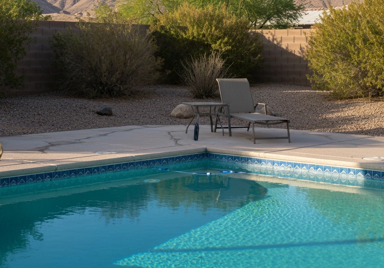 Empty desert backyard pool and patio in a Las Vegas-area home, suggesting a closed or changed service business.