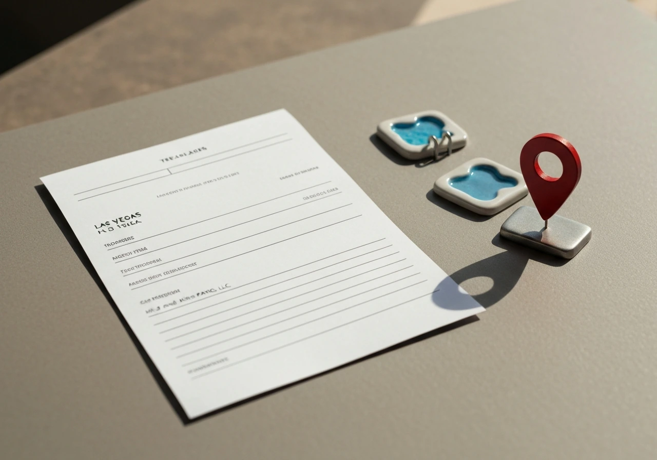 Minimal desk scene with blank receipt header, Las Vegas map pin, and pool/patio icons.