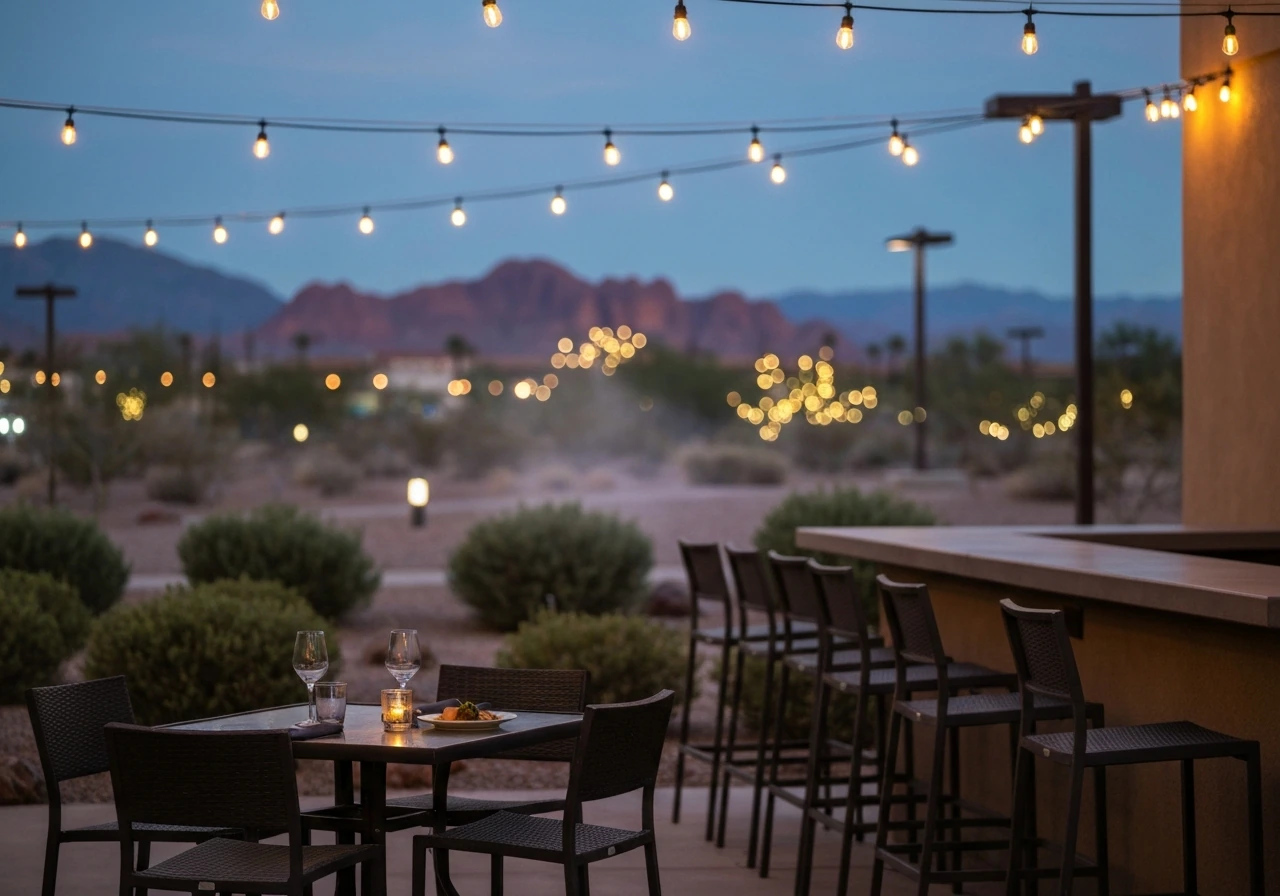 Outdoor patio dining area with string lights, bar stools, and desert mountains at twilight in Las Vegas/Henderson.