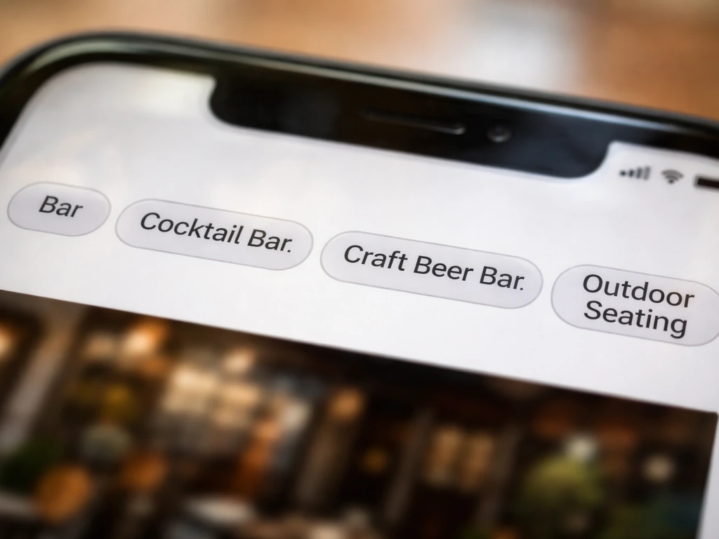 Smartphone listing screen with tags like Bar and Outdoor Seating, suggesting the patio serves alcohol.