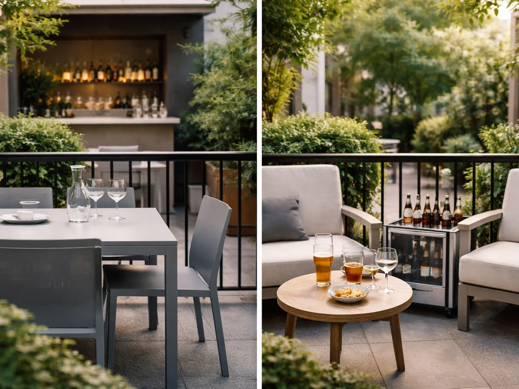 Two simple patio setups: one with an indoor-style bar backdrop, the other showing limited beer-and-wine service area.