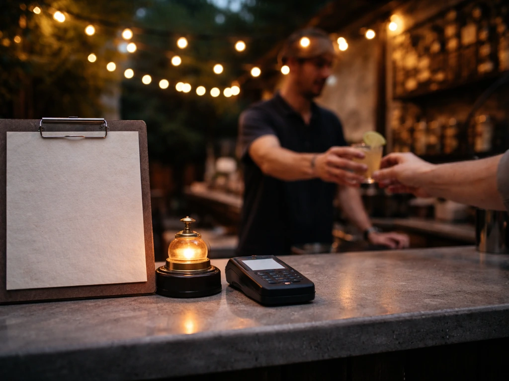 Dusk patio bar scene with bartender serving; last-call props and an ID-check signboard without readable text.