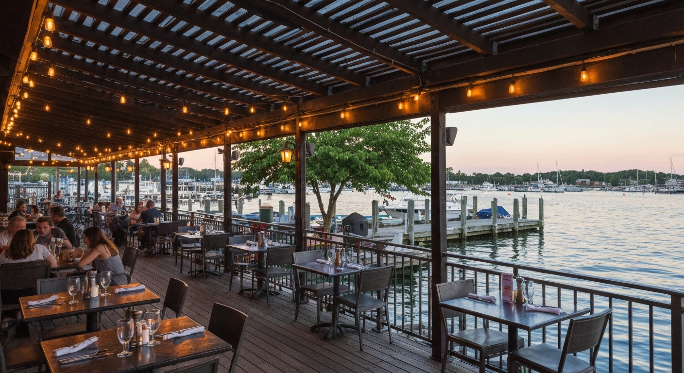 Staten Island waterfront patio at sunset with diners, string lights, and harbor view.