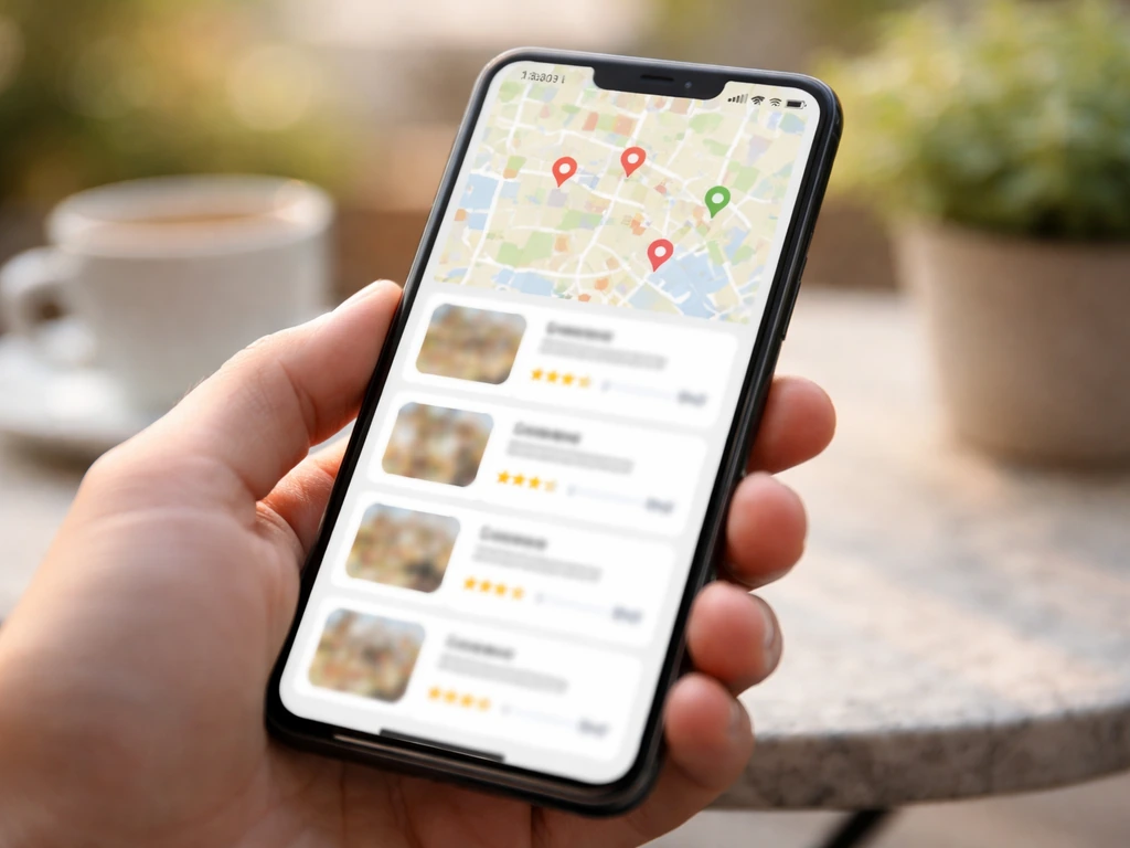 Close-up of a smartphone displaying map-style patio venue search results, with a patio table background.