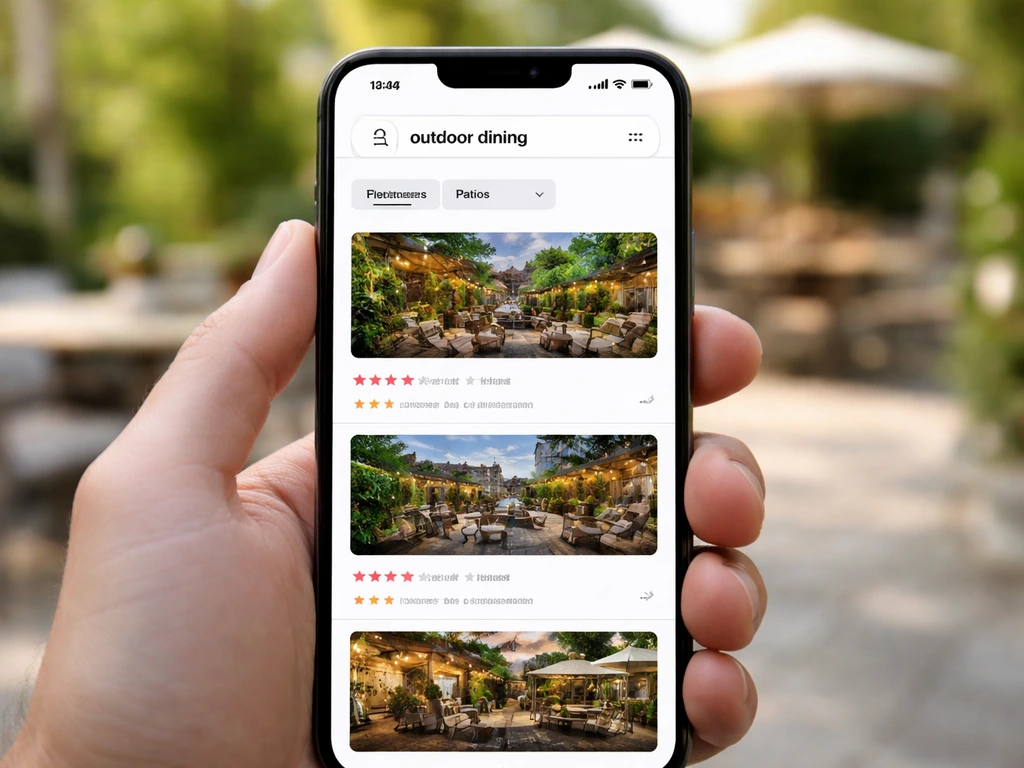 Hand holding a phone showing a Yelp-style outdoor dining page with filters selected.