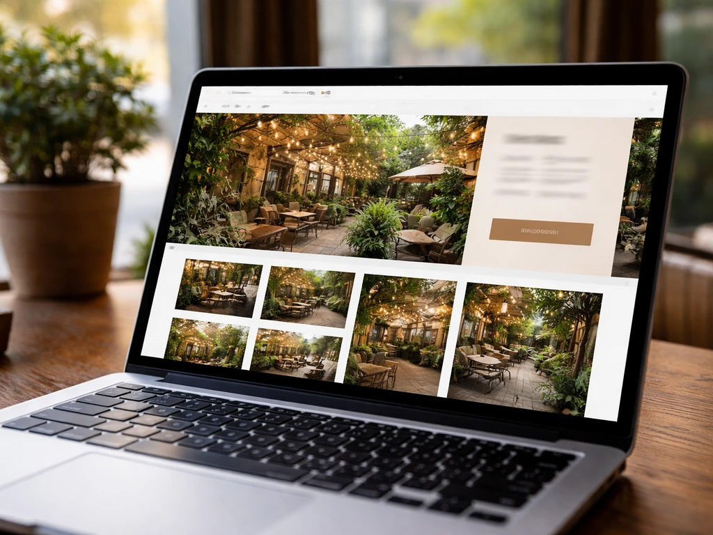 Close-up of a restaurant patio web page with outdoor seating photos and an hours section.