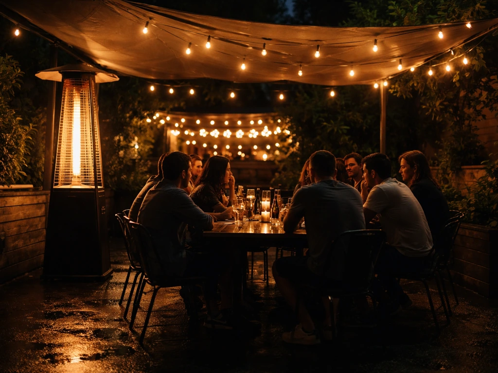 After-dark patio with dim string lights, outdoor heaters, and a small group dining vibe