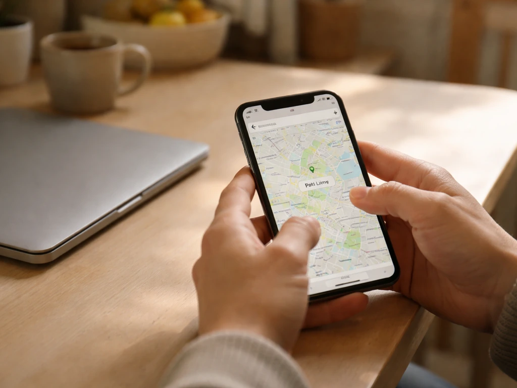 Hands on a phone showing a map search for Patio Living with a highlighted city area.