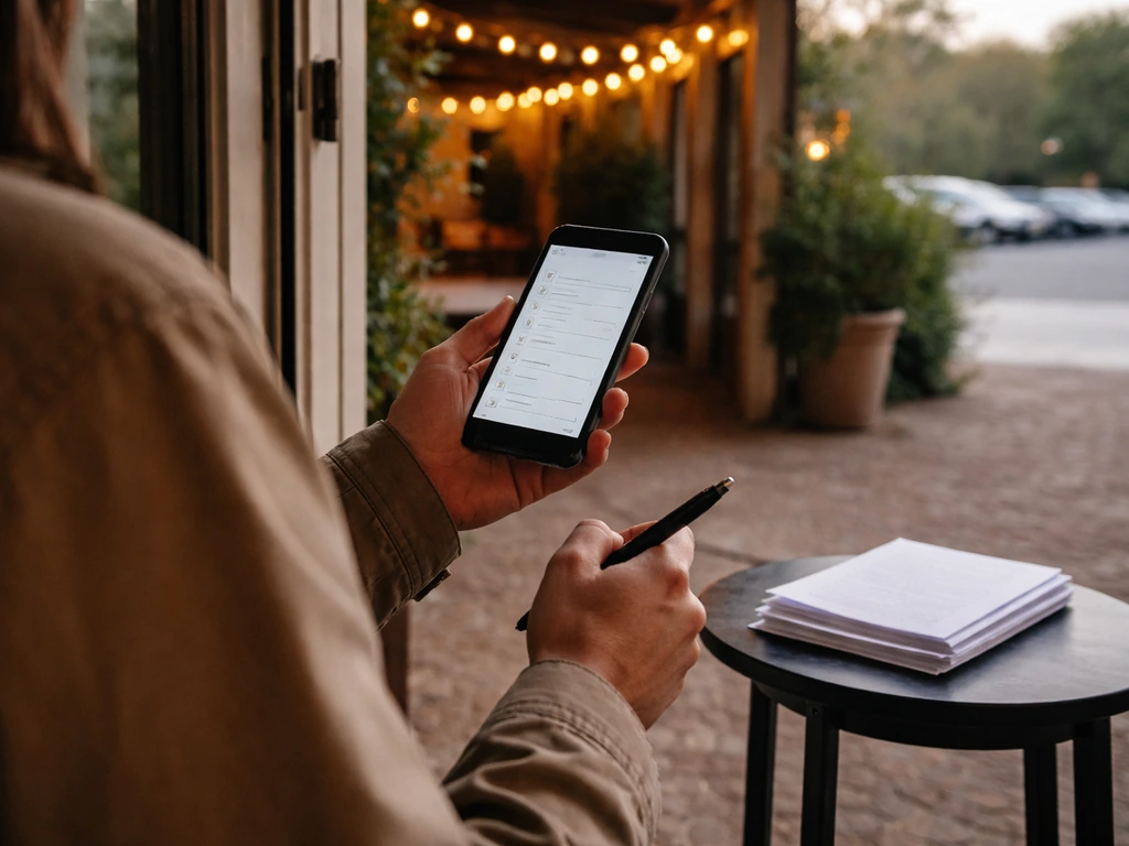 Person reviewing a small checklist on their phone by an outdoor patio entrance doorway.