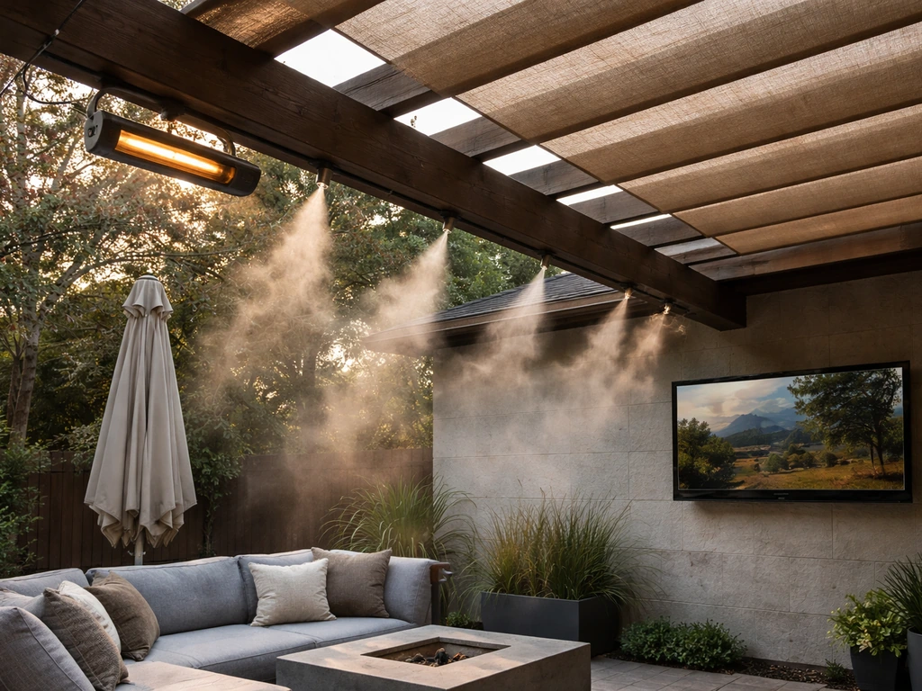 Patio amenities close-up: covered pergola, patio heater, misting nozzles, shade umbrella, and outdoor TV.