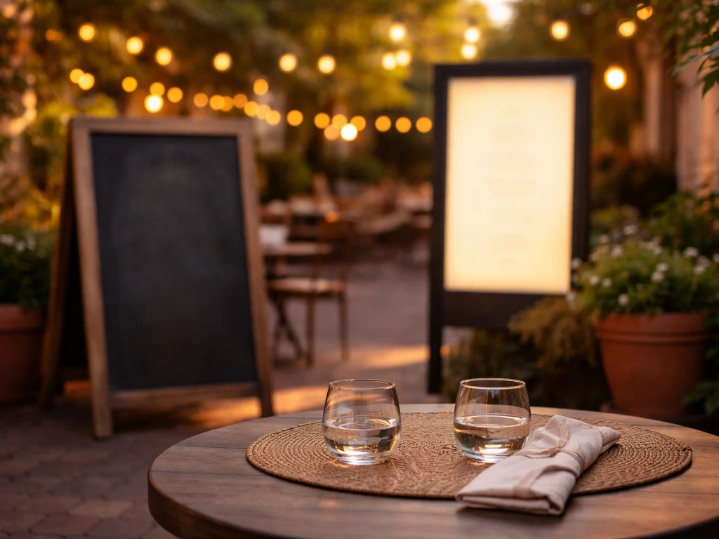 Sunlit outdoor patio with a chalkboard sign listing event nights and string lights in the background.