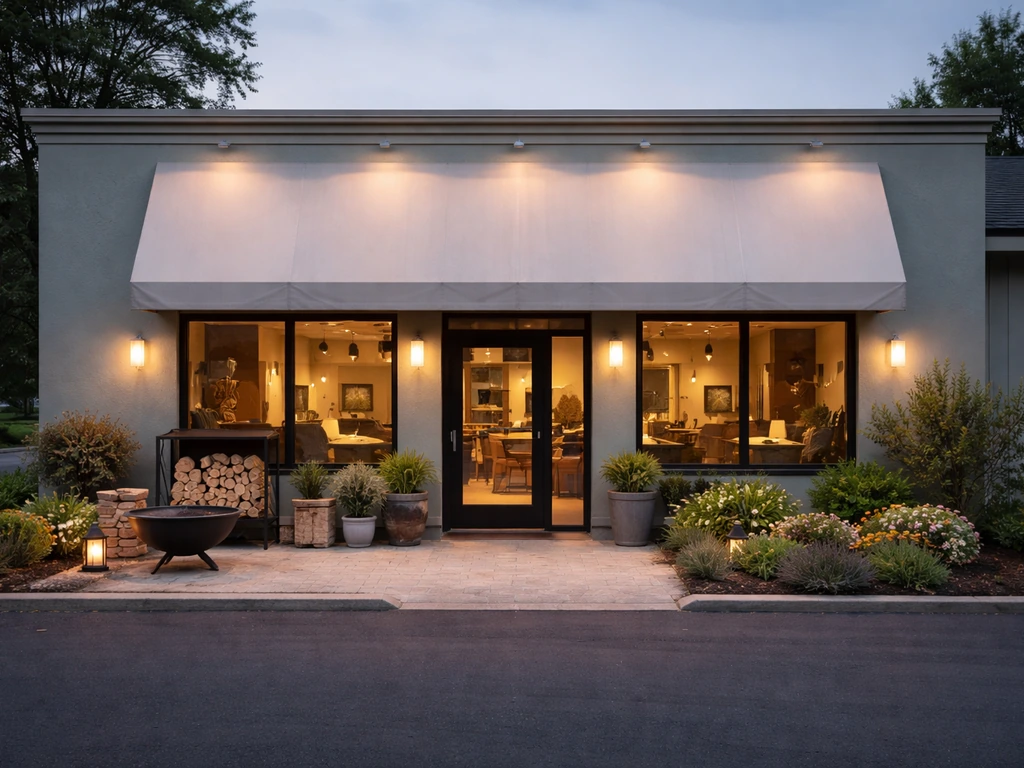 Exterior storefront of a home patio and fireplace retail store with warm lighting and simple landscaping.