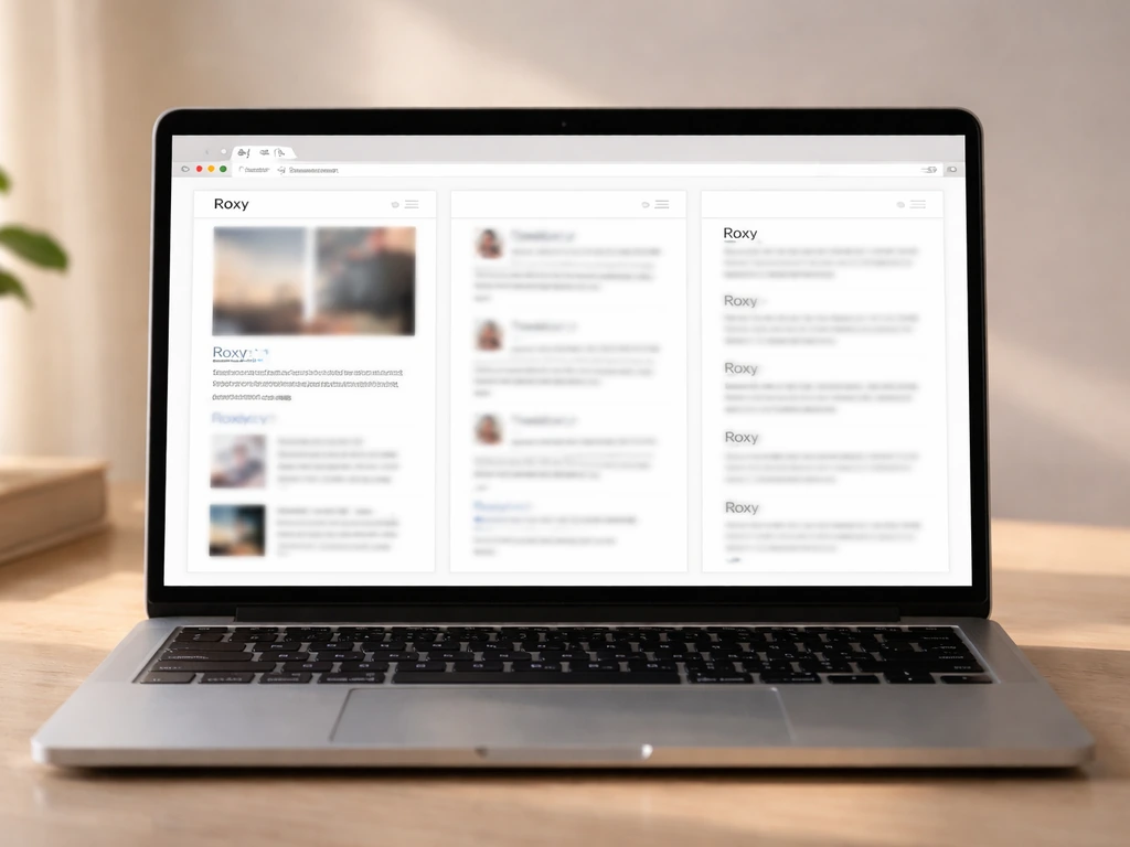 Minimal desk scene with an open laptop showing generic search results placeholders about “Roxy”