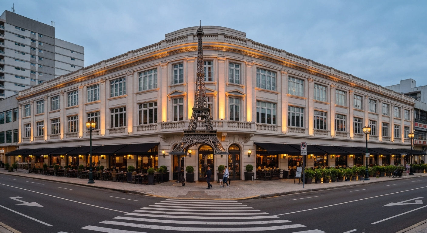 Exterior of Pátio Paris, Campos do Jordão, with Eiffel Tower replica on the façade at dusk