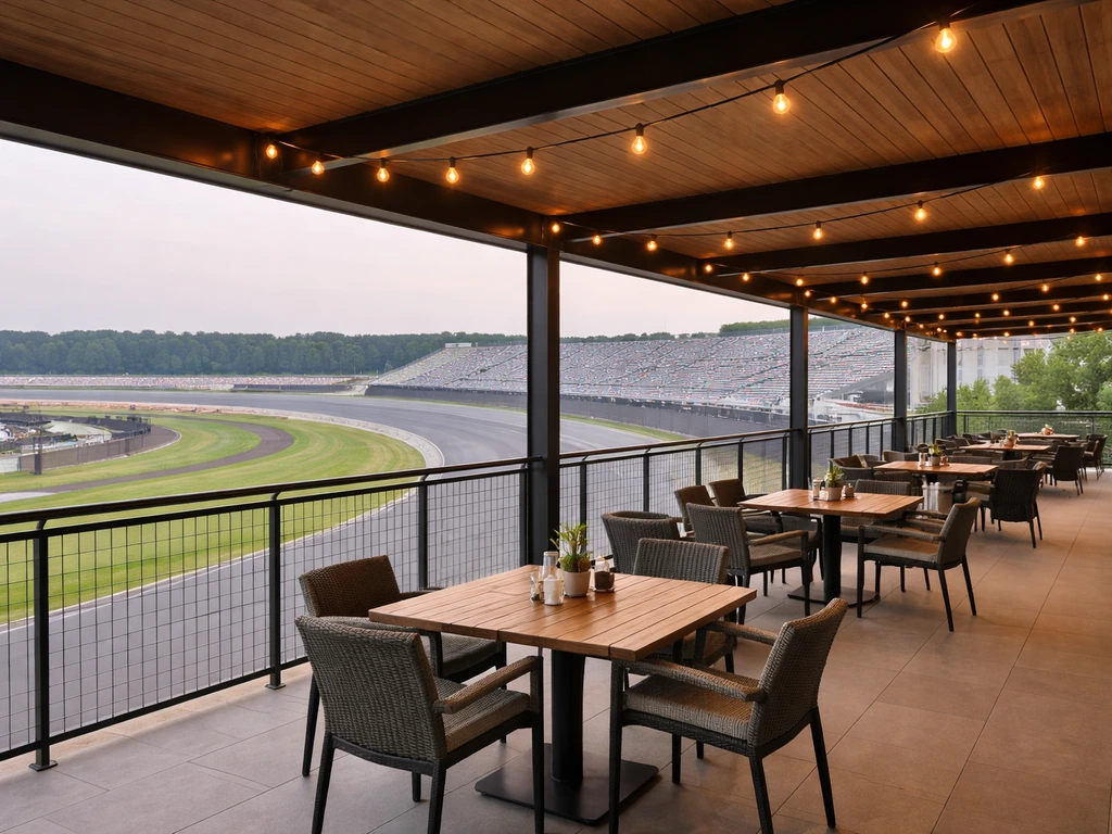 Covered third-floor terrace with outdoor dining and a clear view of the racetrack below.