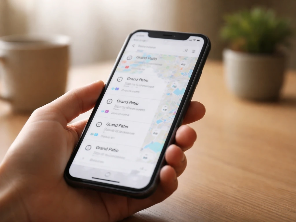 Close-up of a smartphone showing a map-like list of similarly named locations, emphasizing careful selection