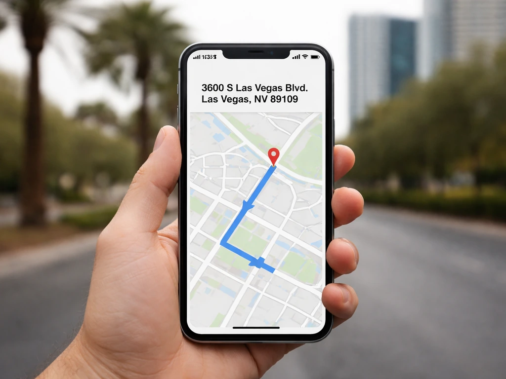 Hand holding a phone showing navigation to 3600 S Las Vegas Blvd, Las Vegas NV 89109