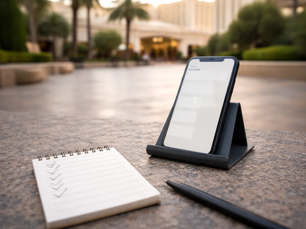 Smartphone and handwritten checklist on a venue walkway with blurred resort entrance in the background.