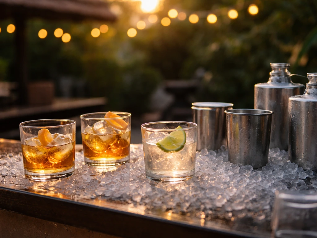 Bar top drinks on crushed ice with glasses and patio coolers under warm outdoor light.