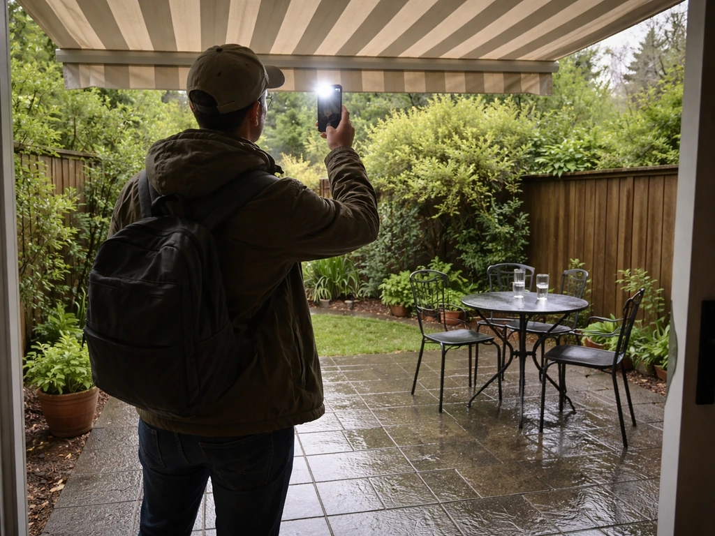 Person checking patio shade in a quiet Vancouver backyard with afternoon light and wet paving