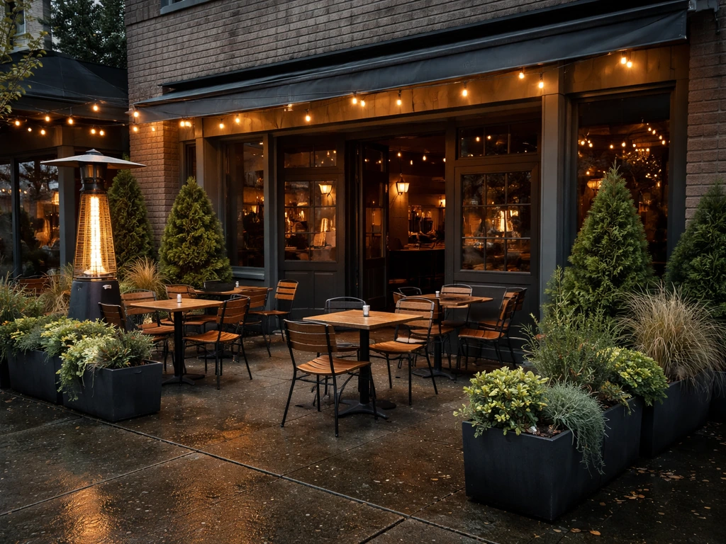 Inviting patio facade of a Vancouver restaurant on Commercial Drive with warm lights and greenery.
