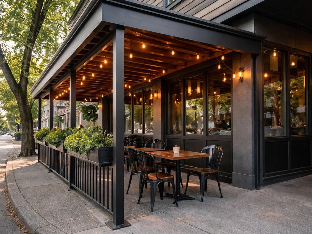 Covered patio entrance of a Vancouver gastro-pub at a street corner, awning clearly visible.
