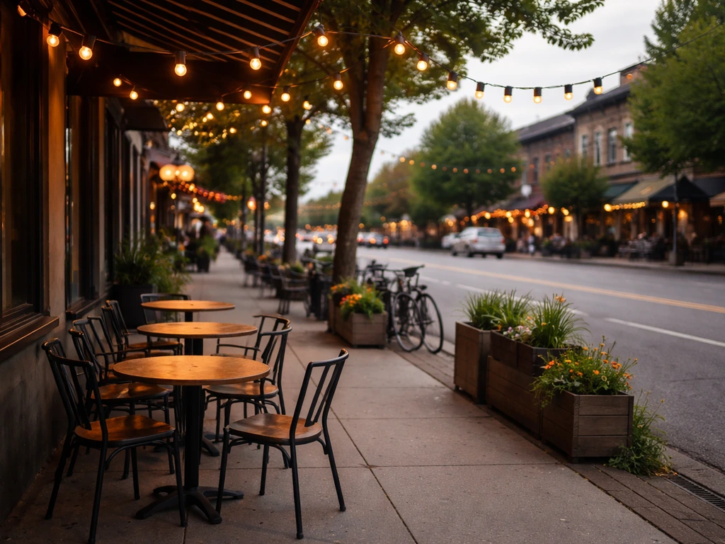 Street view on Commercial Drive with a calm patio seating setup and subtle seasonal event decorations.