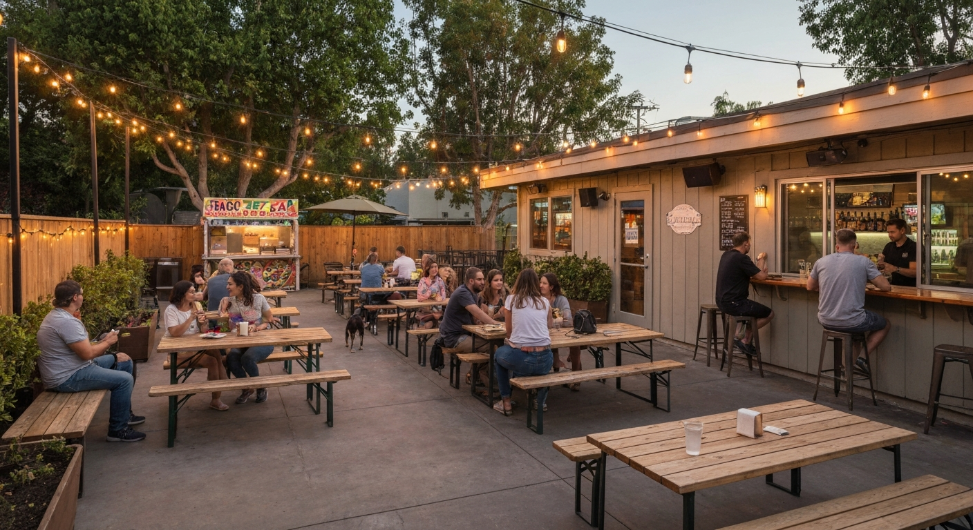 Evening wide shot of a warm, dog- and family-friendly outdoor bar patio with string lights, mixed seating, a pop-up food stall, and people enjoying drinks in a relaxed neighborhood setting.