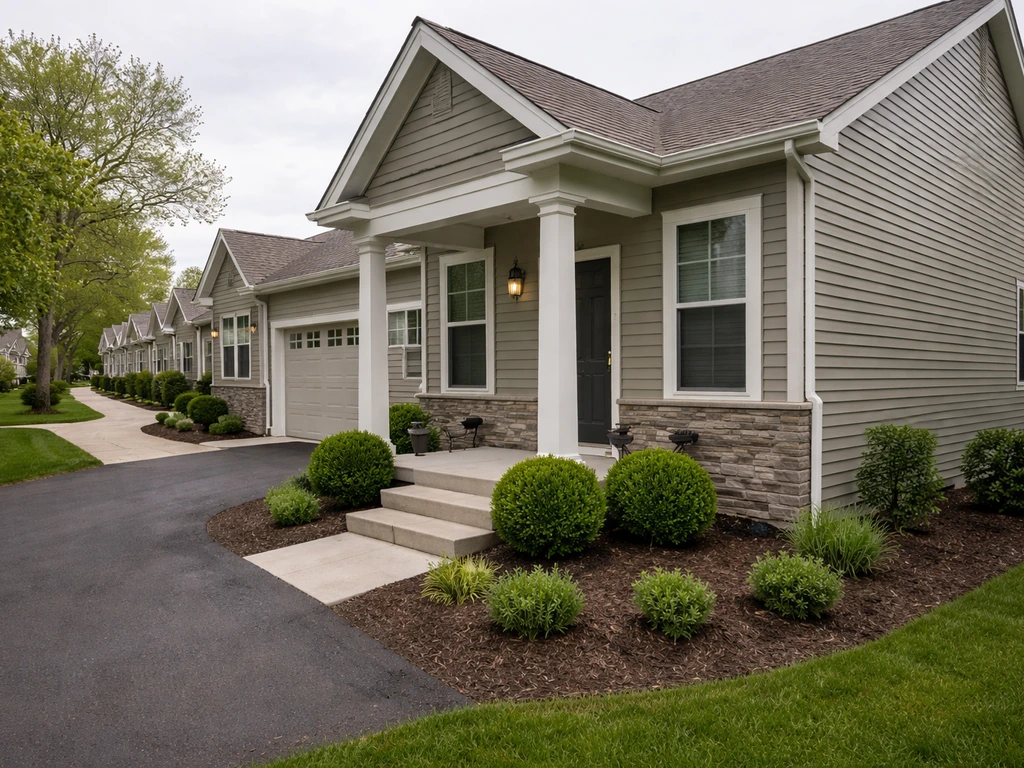 Quiet Rochester-style patio home neighborhood with private porch and low-maintenance landscaping.