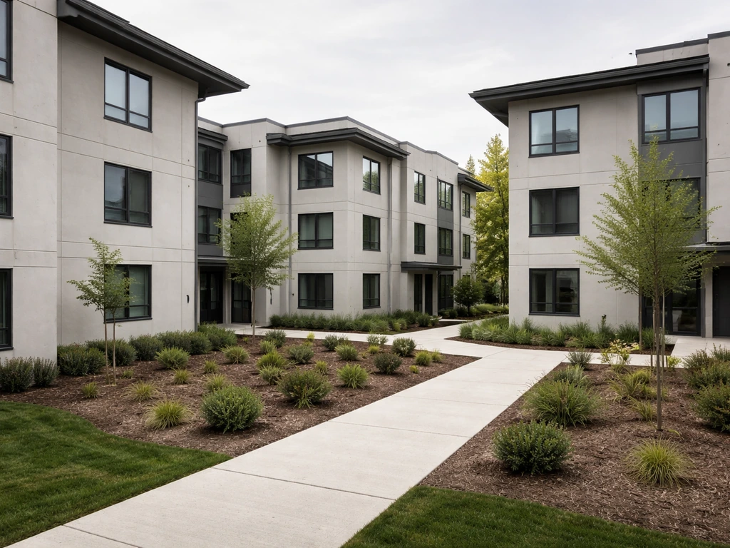 Concrete exterior of a 55+ condo community with clustered buildings and quiet walkways