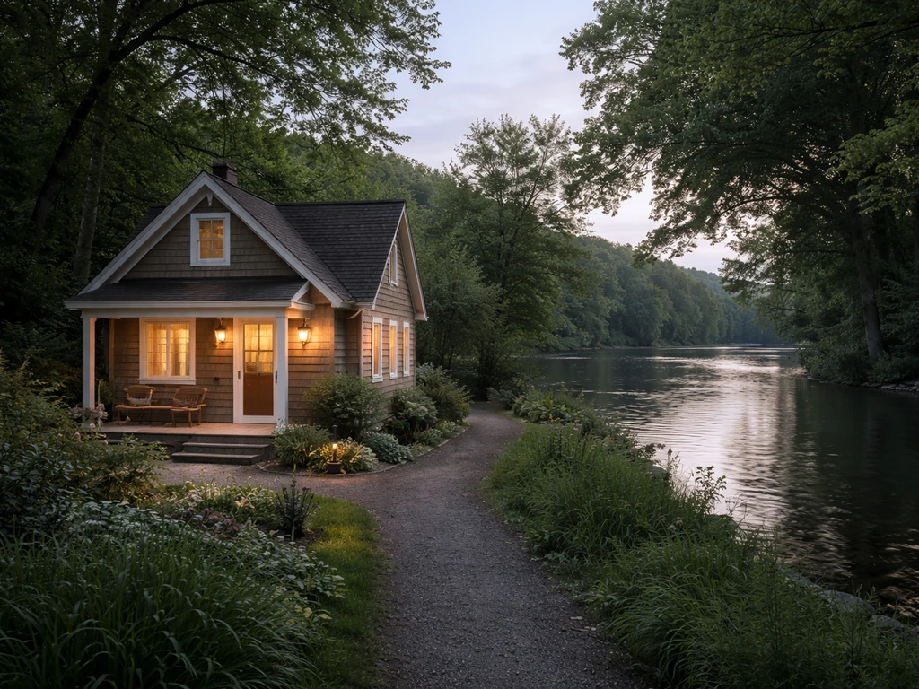 Cozy riverside cottage with a path leading toward the Genesee River and nearby trees.