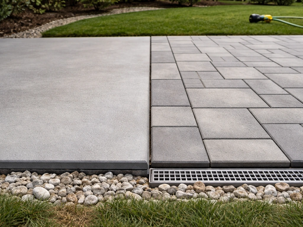 Close-up comparison of concrete patio vs pavers with clear edging and drainage details