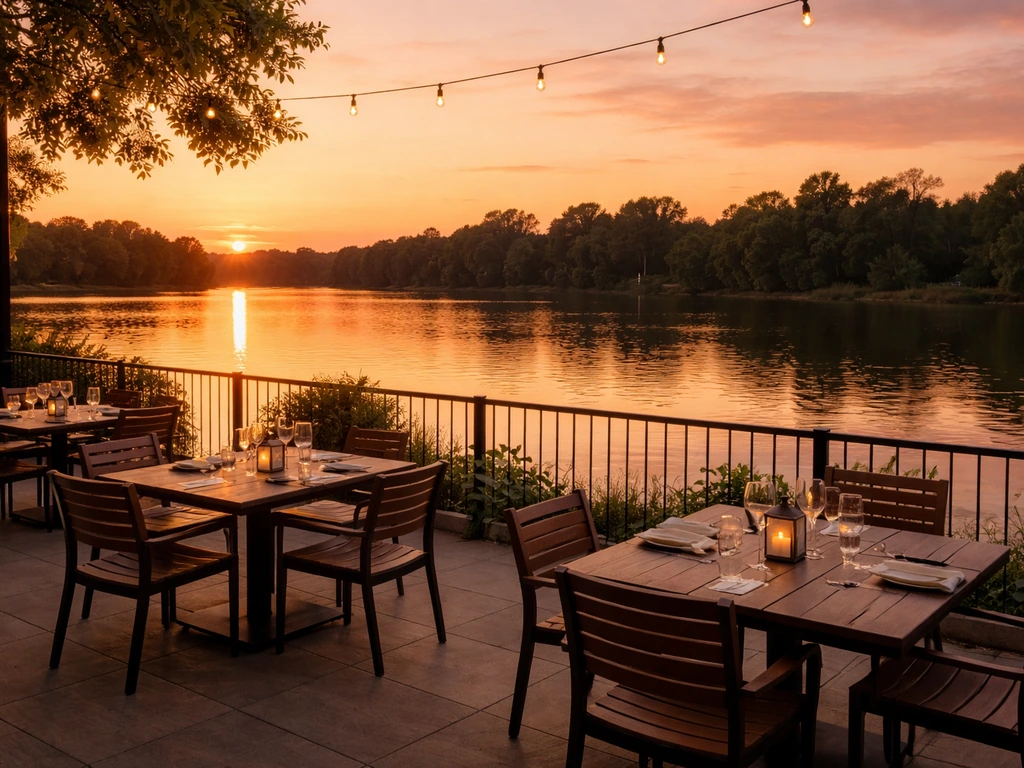 Empty outdoor restaurant patio with tables overlooking Bass Pro Lake at sunset.