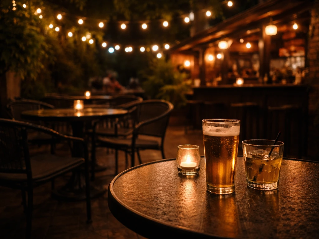 Warmly lit outdoor patio tables at night outside a neighborhood pub, cozy lively bar ambiance.