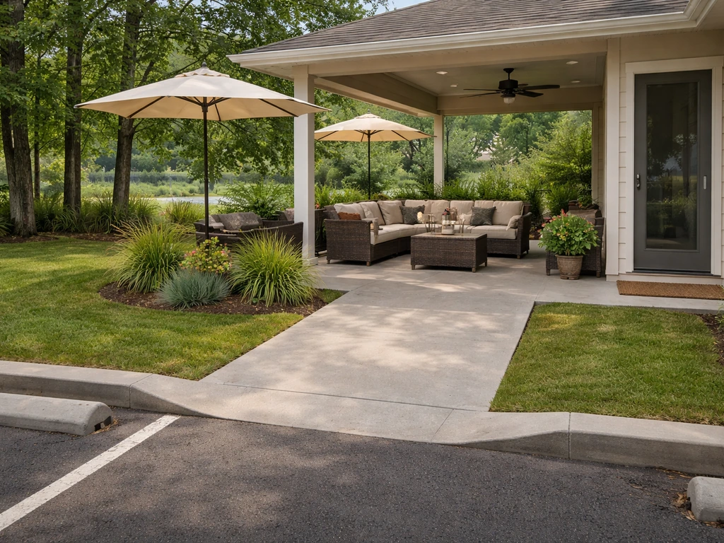 Covered patio seating with umbrellas and clear path from accessible parking in a lakeside-like setting.