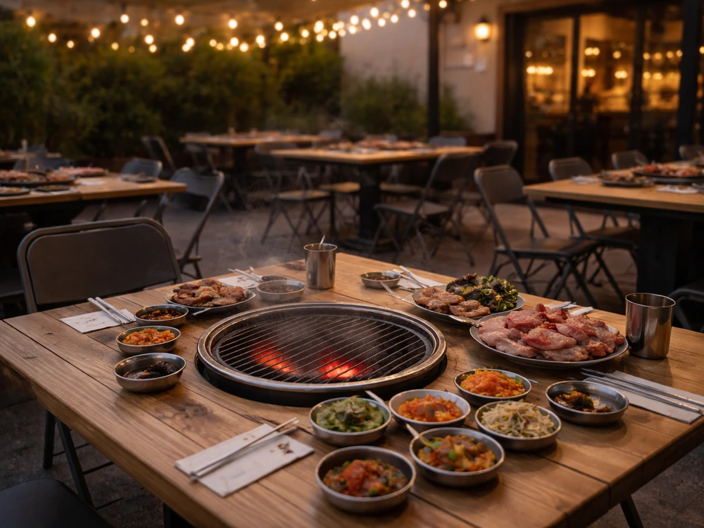 Outdoor Korean BBQ patio with built-in table grills, diners’ plates, and cozy evening lighting