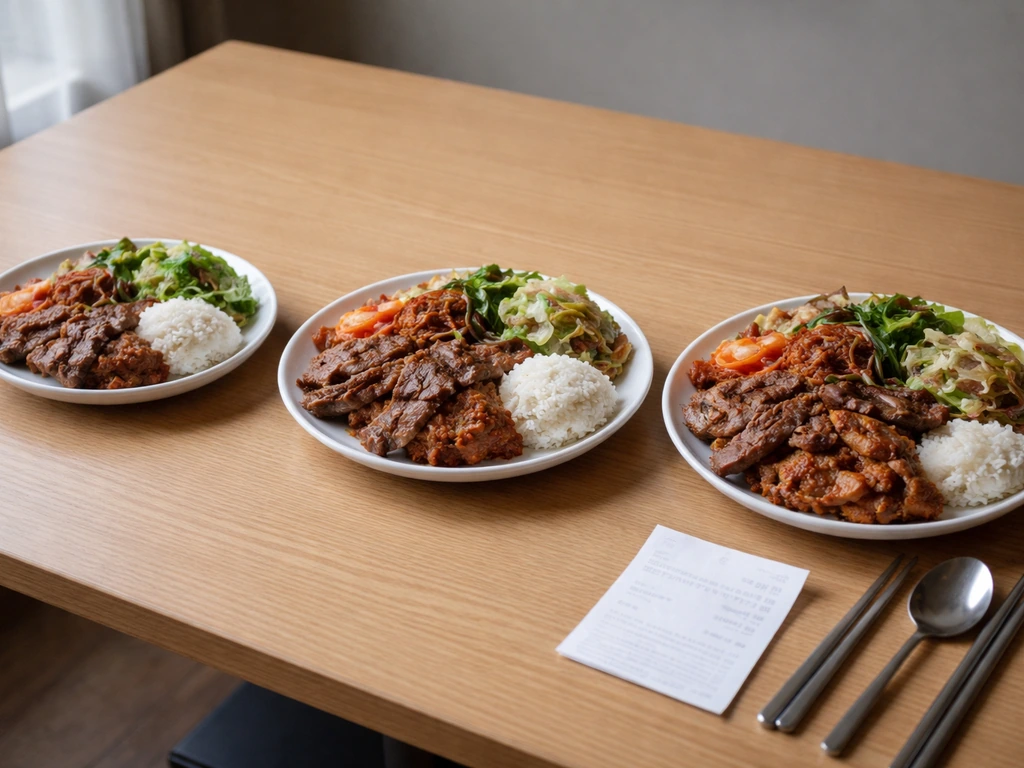 Three portion-tier BBQ plates on a table beside a blank receipt, suggesting pricing comparisons.