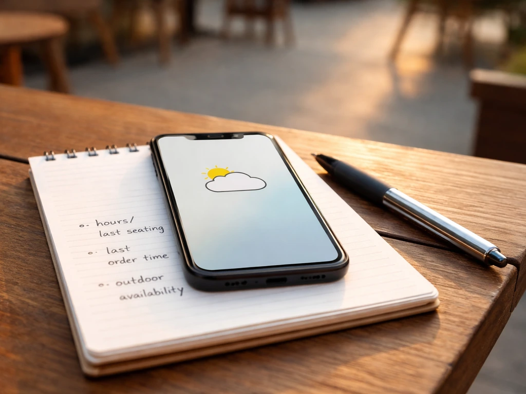 Phone resting on a dining notepad with handwritten reminders about meal hours and patio availability.