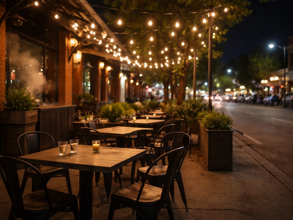 Warmly lit Whyte Ave patio at night in Old Strathcona with string lights and cozy street ambience.