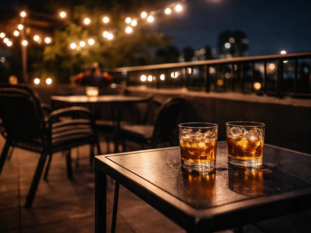 Nighttime close-up of a cozy rooftop patio with outdoor seating, drinks, and warm ambient lights.