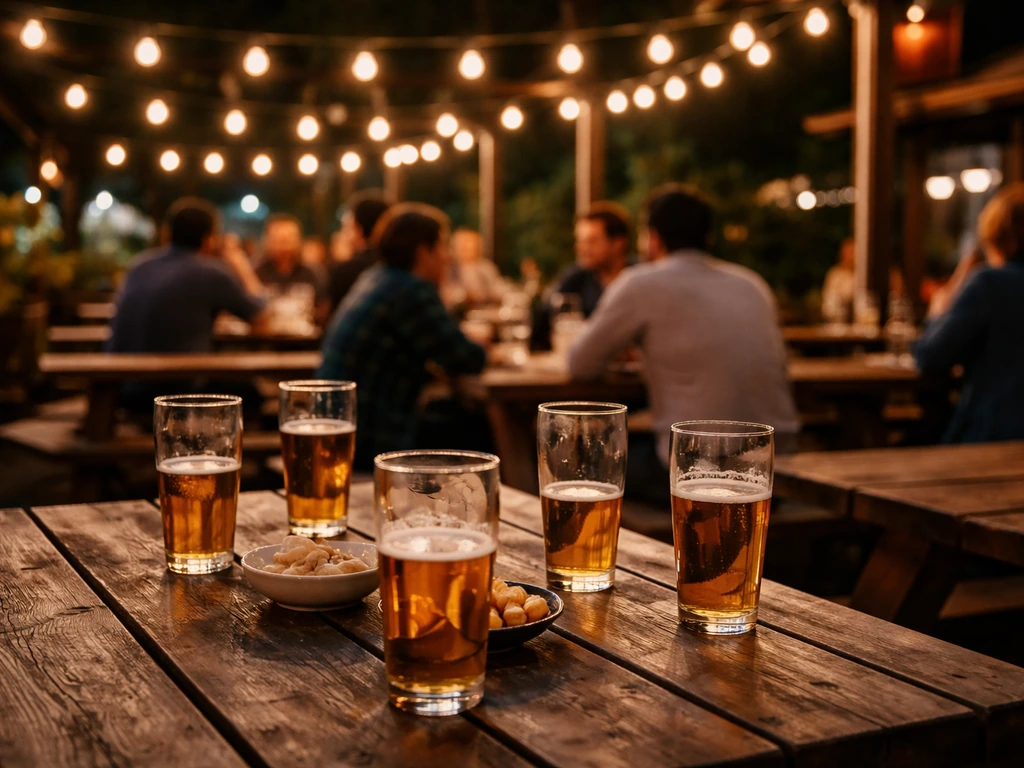 Lively Hudson’s Canada’s Pub patio with multiple tables, pint glasses, and people chatting