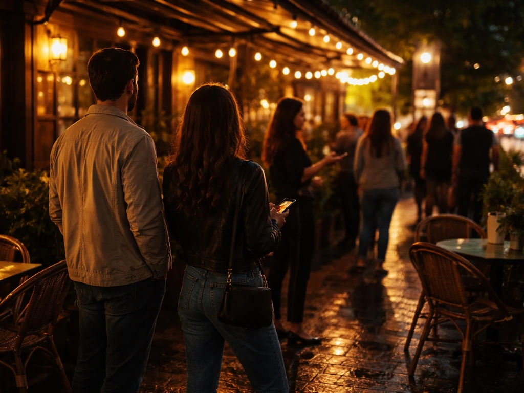 Couple waiting outside a warmly lit restaurant patio on a busy Saturday night street, no readable signs.