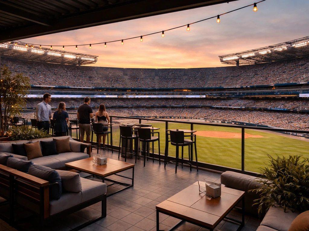 Rogers Centre rooftop patio overlooking right field in the Outfield District, with a relaxed crowd and stadium view.